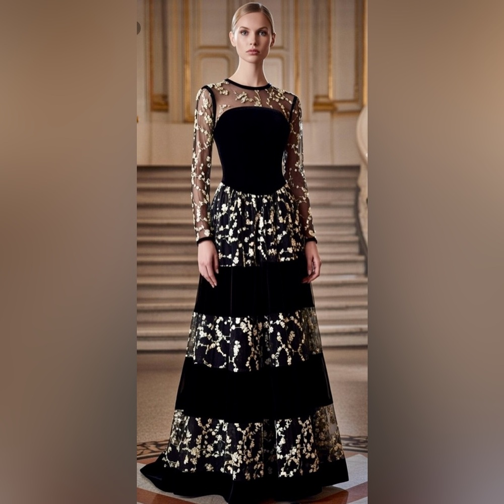 VTG ~ Peggy Jennings ~ Black & Cream embroidered Lace & Velvet Gown ~ Couture